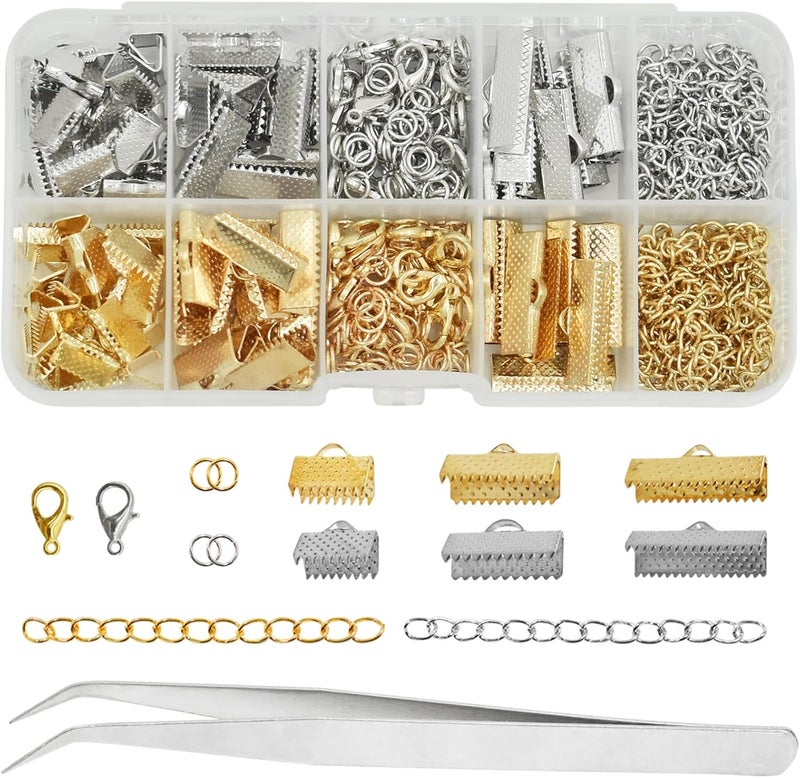 SHRJ Ribbon Crimp Clamp Ends Lobster Clasps Jump Rings Chain Extenders Bookmark Pinch Cord End Clasps with Tweezers for DIY Making Bookmark Pinch Bracelet Choker Necklace, Gold Silver - Image 1